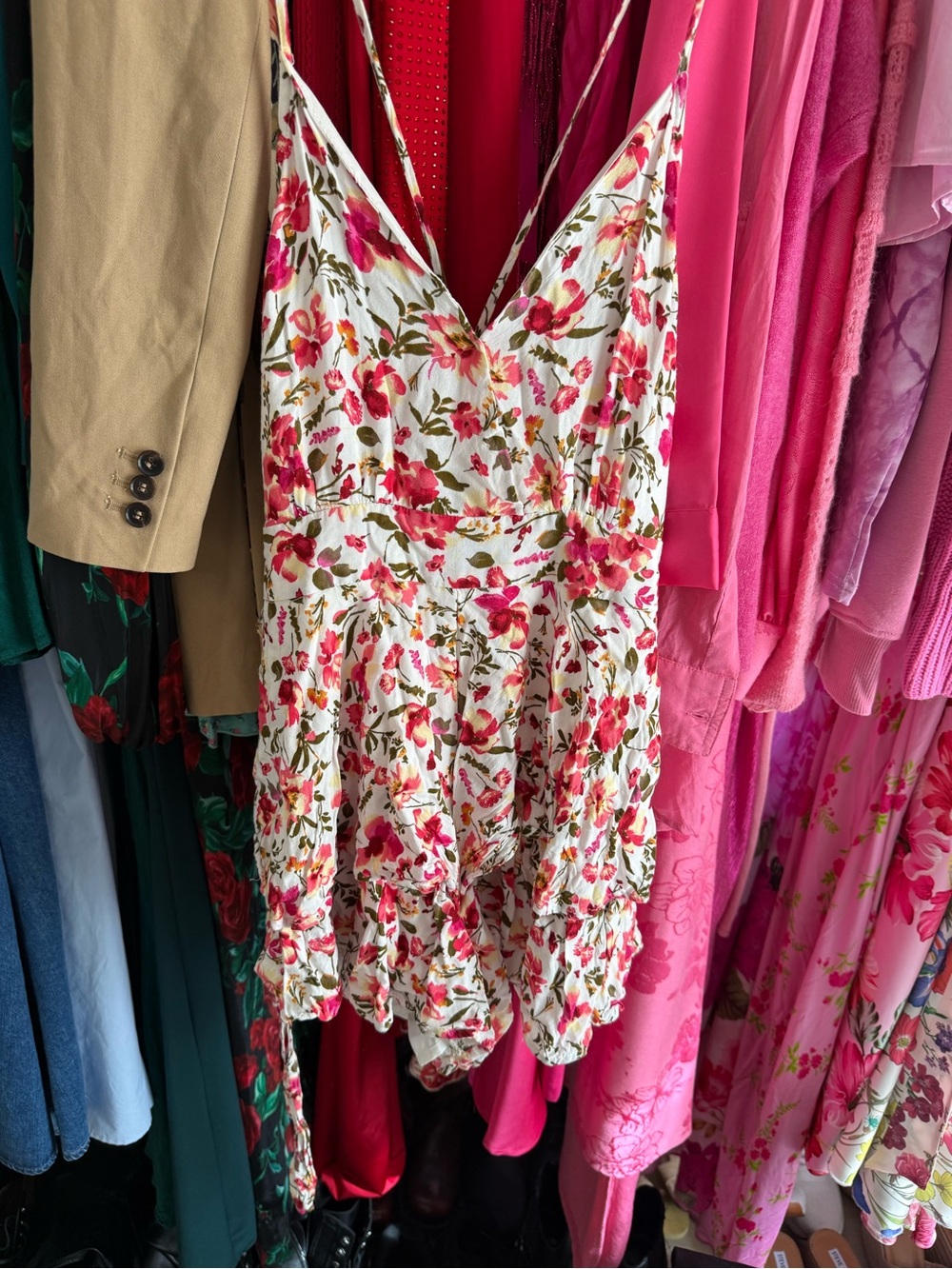 Floral White and Pink Spaghetti-Strap Summer Dress